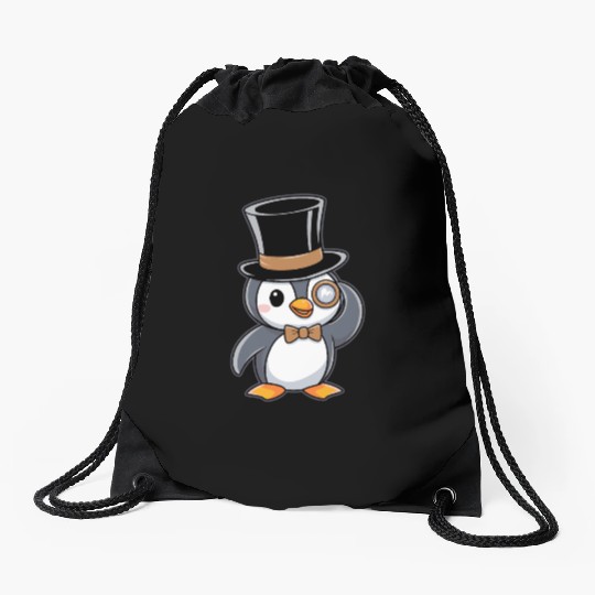 Classy Penguin with Top Hat and Monocle Drawstring Bags