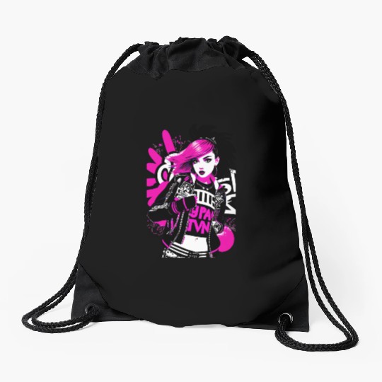 Urban Punk Street Art with Neon Pink Accents Drawstring Bags