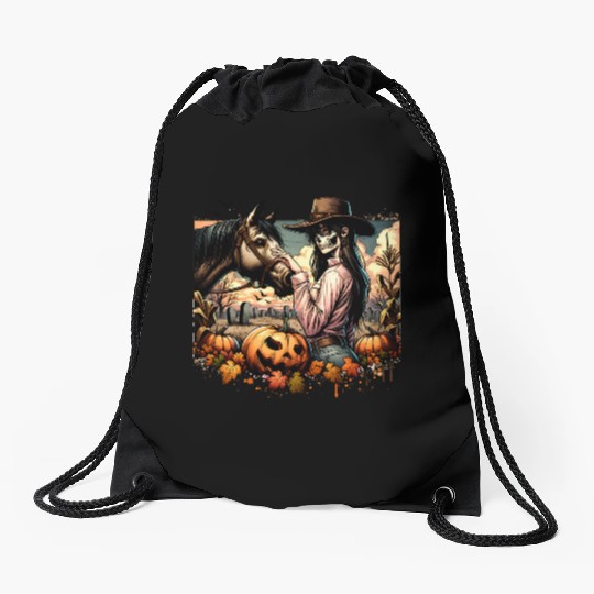 Haunting Cowgirl and Horse in Halloween Graveyard Drawstring Bags