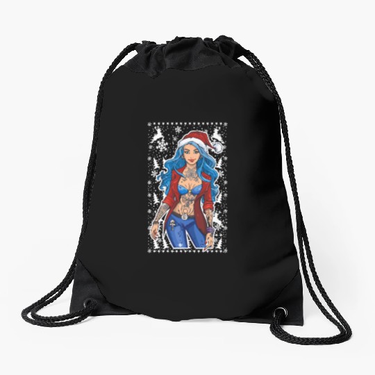 03 Sexy Christmas Woman Blue Hear Deer Tattoos Drawstring Bags