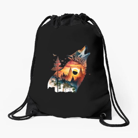 Vintage Wolf Moon Graphic Drawstring Bags – Retro 90s