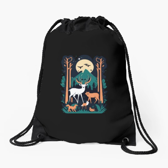 Enchanted Forest Wildlife Scene – Nature Adventure Drawstring Bags