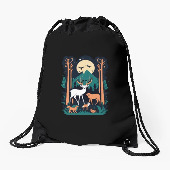 Enchanted Forest Wildlife Scene – Nature Adventure Drawstring Bags