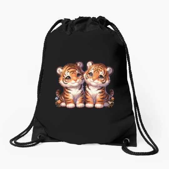 Adorable Twin Tiger Cubs Illustration with Flowers Drawstring Bags