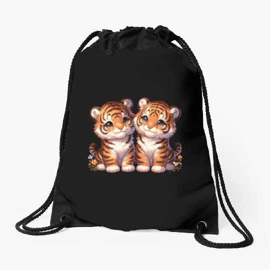 Adorable Twin Tiger Cubs Illustration with Flowers Drawstring Bags