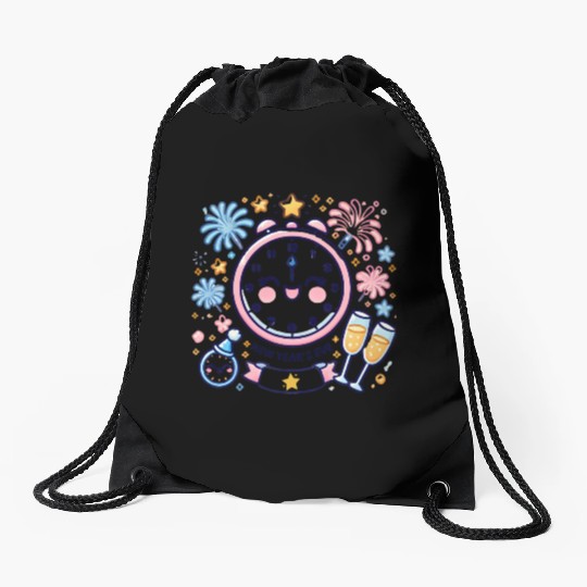 Celebrate New Year's Eve, Fun Clock and Fireworks Drawstring Bags