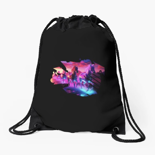 Electric Herd - Synthwave Horses Drawstring Bags