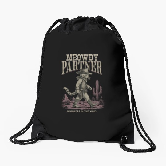 Meowdy Partner Whiskers In The Wind Cowboy Cat Drawstring Bags