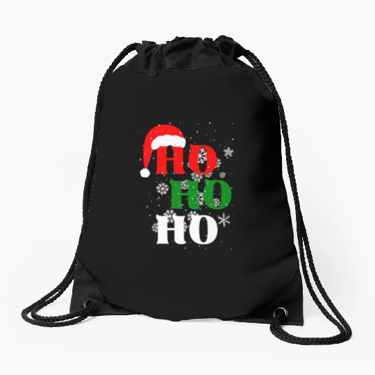 Christmas Ho Ho Ho Snow Flakes with Santa Hat Drawstring Bags