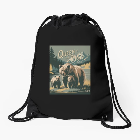 Queen of the Tetons Grizzly 399 Vintage Nature Art Drawstring Bags