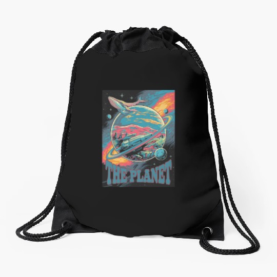 Space Whale Adventure on a Mysterious Planet Drawstring Bags
