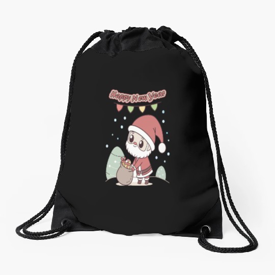 Chibi Santa Happy New Year Celebration Drawstring Bags