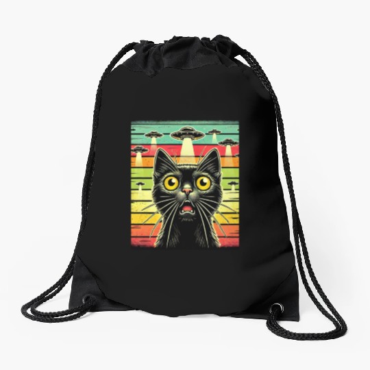 Fun Cat sunset Galaxy Cat Spaceship Alien Cat UFOs Drawstring Bags