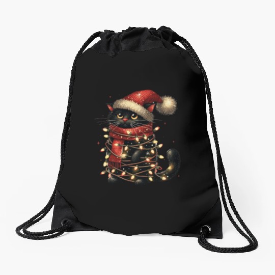 Black Cat In Christmas Light, Cat Lights Drawstring Bags