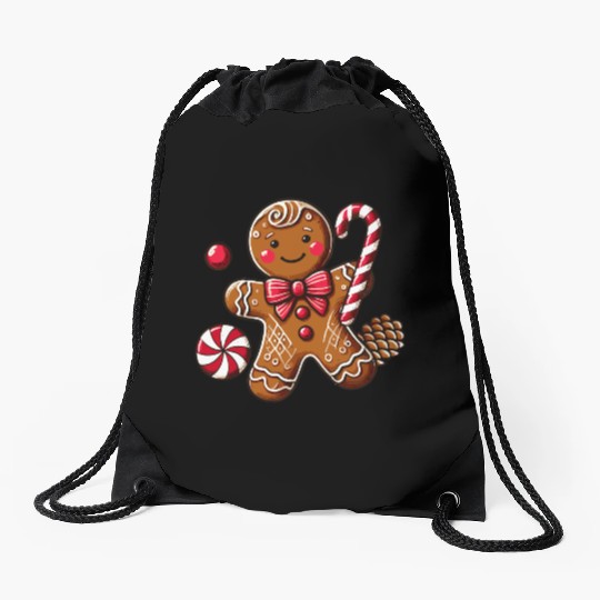 Happy gingerbread man with candy cane Drawstring Bags