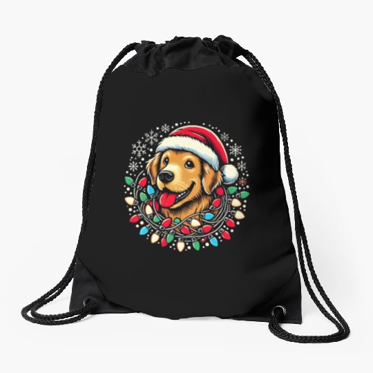 Golden Retriever with Santa Hat & Christmas Drawstring Bags