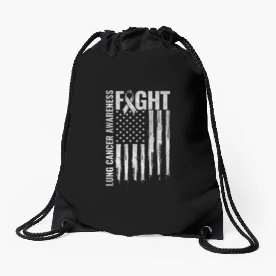 Lung Cancer Awareness White Ribbon Fight USA Flag Drawstring Bags
