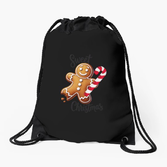 Happy gingerbread man with candy cane Drawstring Bags