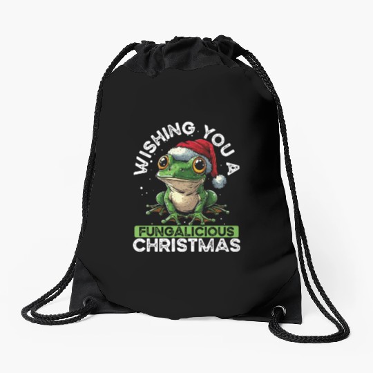 Merry Christmas Frog on Mushroom Cottagecore Drawstring Bags