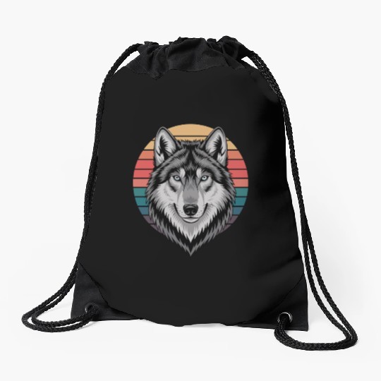 Retro Wolf Head Against Colorful Sunset Drawstring Bags