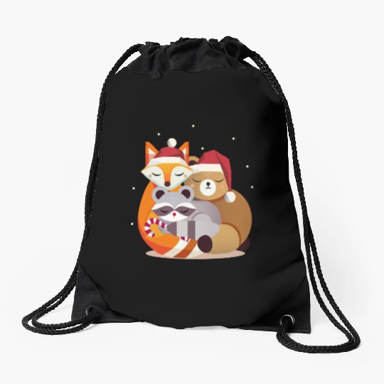 Forest animals and Christmas - fox, raccoon & bear Drawstring Bags