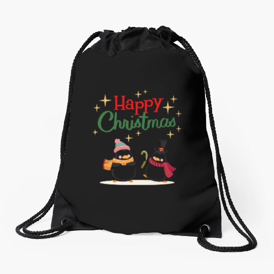 Cute cartoon penguins celebrating Christmas Drawstring Bags