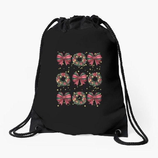 Christmas wreath, Christmas Coquette Bow Drawstring Bags