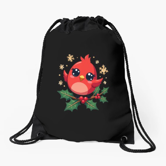 Elegant Christmas Cardinal on Holly Branch Drawstring Bags