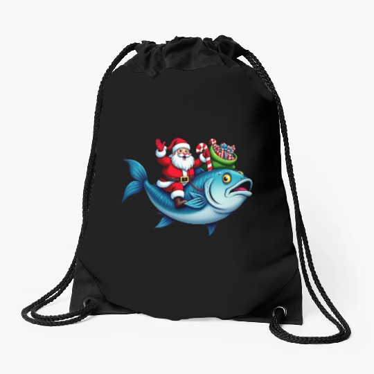 Santa on Bass Merry Fishmas Fishing Christmas Drawstring Bags