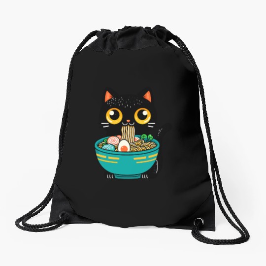 Funny Cat Eating Ramen Japanese Cat Ramen Noodles Drawstring Bags