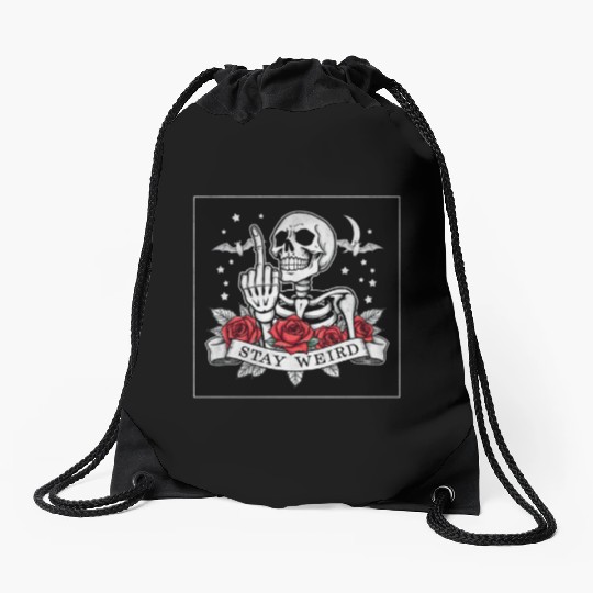 Stay weird skeleton middle finger Drawstring Bags