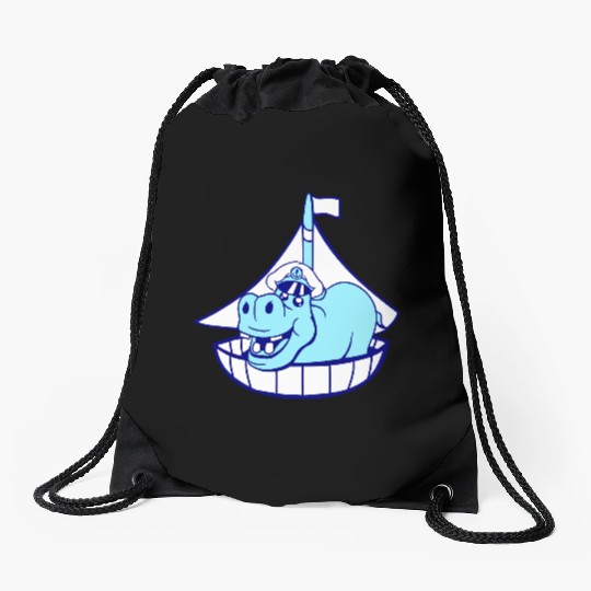 Funny Hippo Old Captain Sails Cute Cartoon Comic Drawstring Bags
