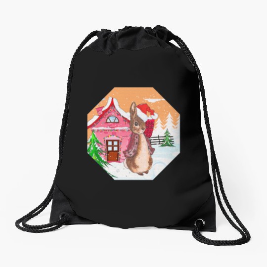 A rabbit walking on Christmas Day Drawstring Bags