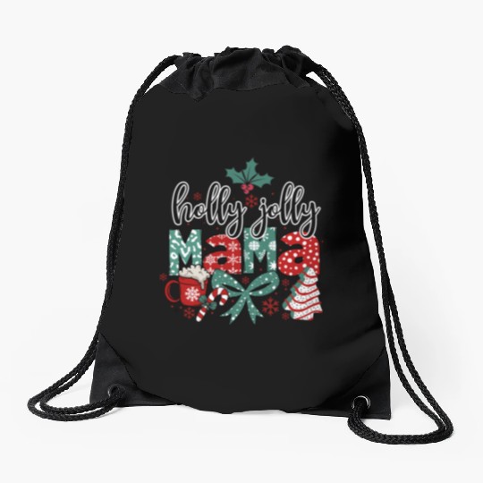 Holly Jolly Mama Coquette Bow Christmas Drawstring Bags