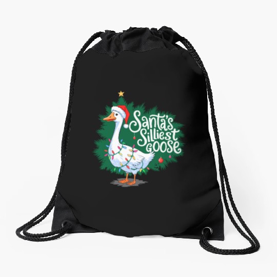 Santa s silliest goose Funny Christmas Family Drawstring Bags