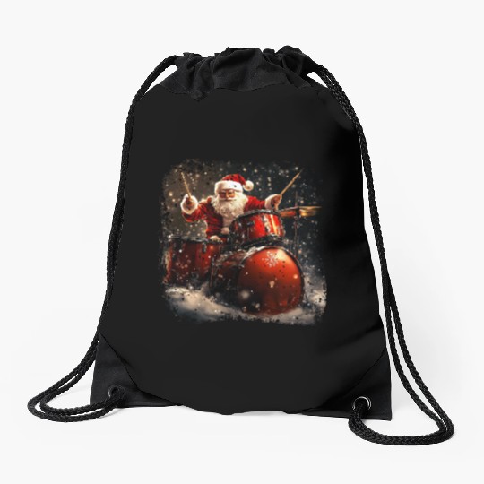 Santa drummer Drawstring Bags