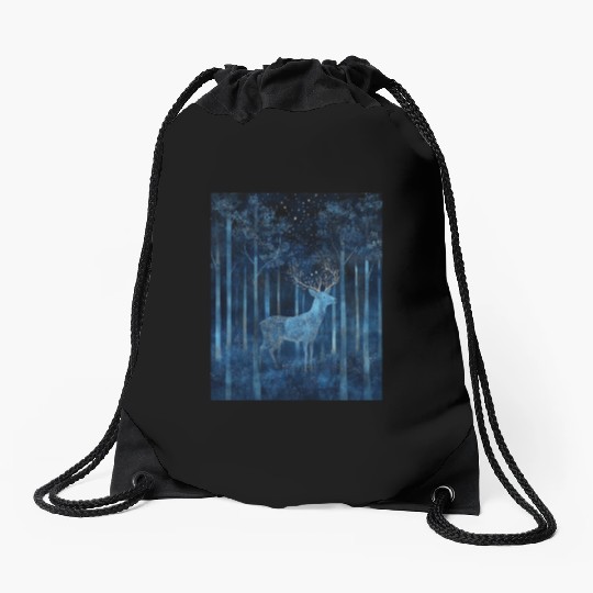 Celestial Deer in the Indigo Forest Drawstring Bags