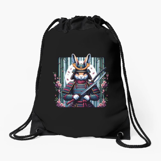 Samurai Rabbit with Katana and Cherry Blossoms Drawstring Bags
