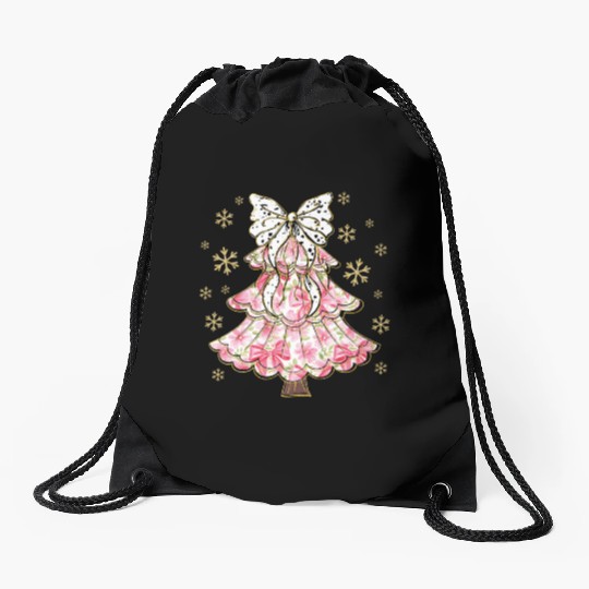Preppy Pink Coquette Bow Xmas Tree Drawstring Bags