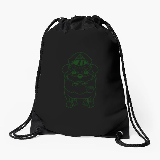 Old Pug Dog Captain Funny Cute Cool Cartoon Comic Drawstring Bags