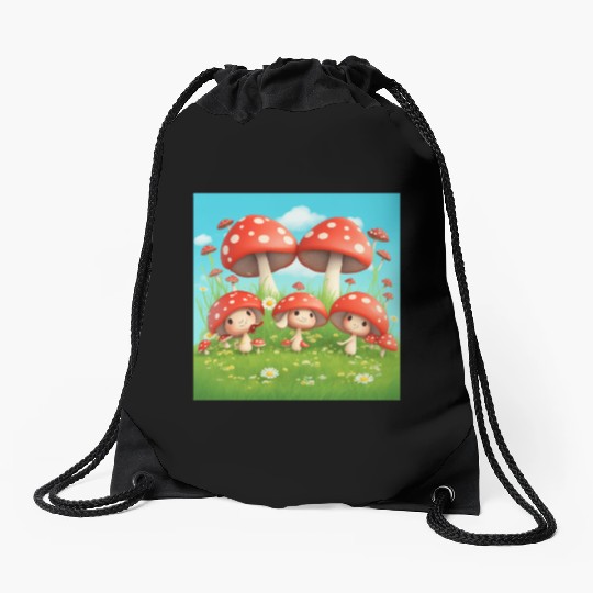Mushrooms in Grass - Enchanting Nature-Inspired Drawstring Bags