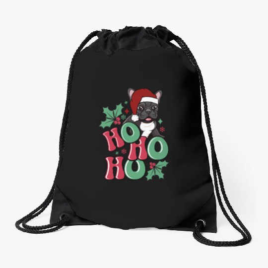 HO HO HO French Bulldog Holly Leaf Funny Drawstring Bags