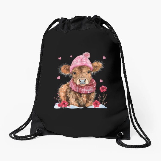 Cute Highland Cow Valentines Day Drawstring Bags