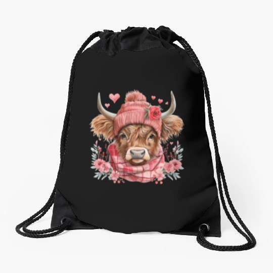 Cute Highland Cow Valentines Day Drawstring Bags