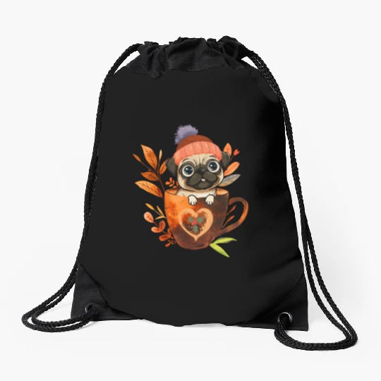 Pug in A Coffee Cup with Christmas Drawstring Bags