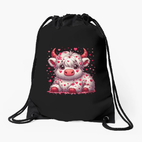 Cute cartoon valentines highland cow Drawstring Bags