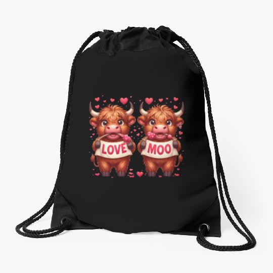 Cute cartoon valentines highland cow Drawstring Bags