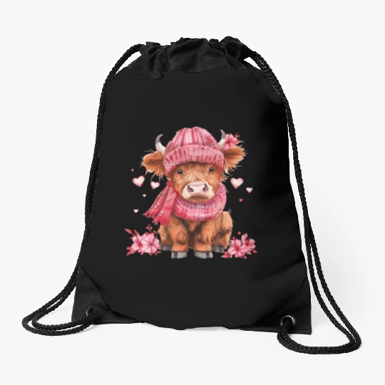 Cute Highland Cow Valentines Day Drawstring Bags