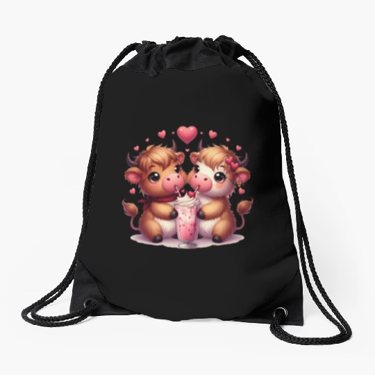 Cute Cartoon Valentines Highland Cow Drawstring Bags