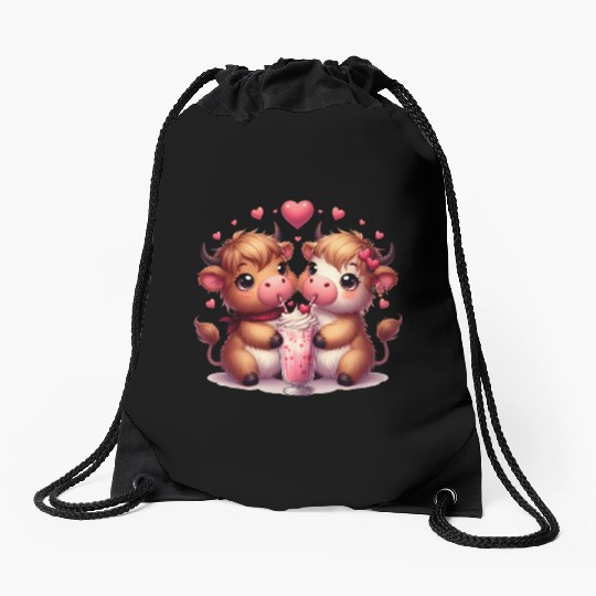 Cute Cartoon Valentines Highland Cow Drawstring Bags
